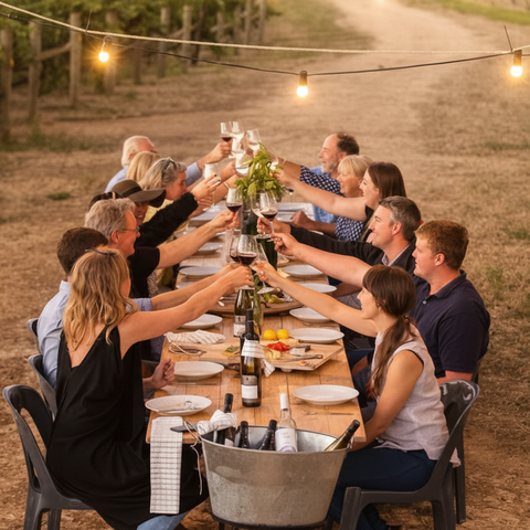 Group of people dining together outdoors at a long table with string lights above.